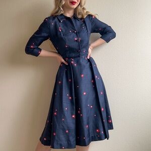 Vintage 1950s Navy Silk Dress With Red Polka Dots (S)